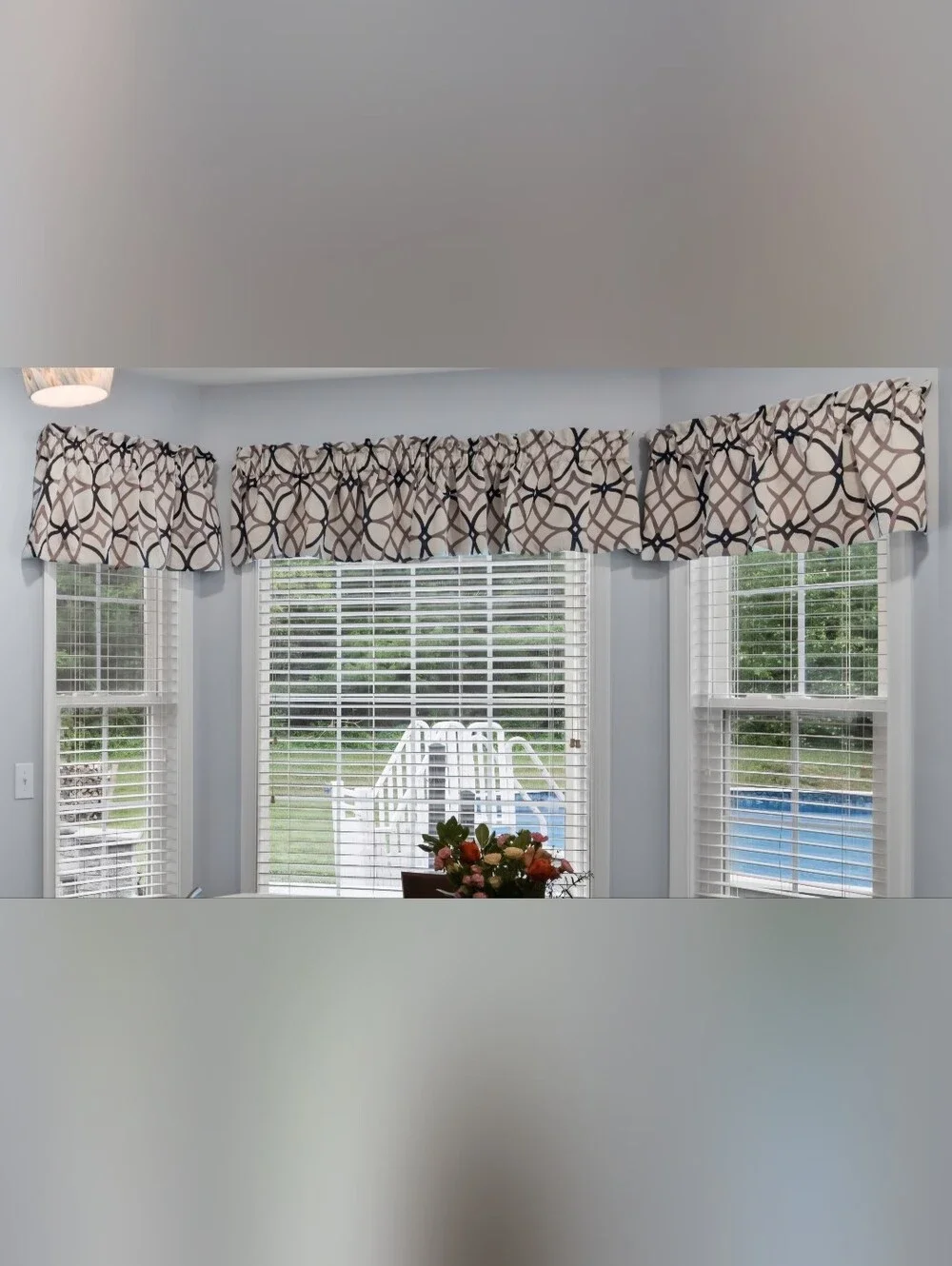 Cream Blackout Curtain Valance With Gray & Navy Blue Geometric Design 52